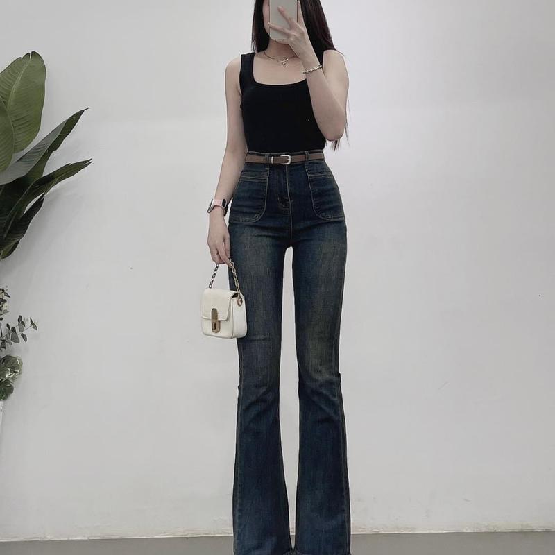Quần jean loe dài lai cuốn túi đắp co dãn tốt Ống Loe Nữ 3