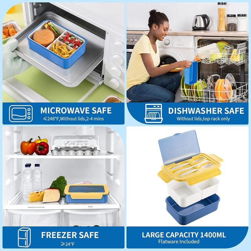 Product Introduction of 3 Compartment Bento Box, 1 Count Leakproof Lunch Box with Knife, Fork and Spoon, Durable Lunch Container for Adults & Teens & Kids 5