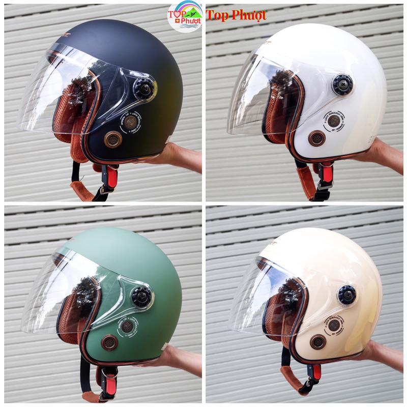Mũ bảo hiểm 3/4 đầu SRT chính hãng có kính, lót nâu viền đồng - Hàng cao cấp Helmet
