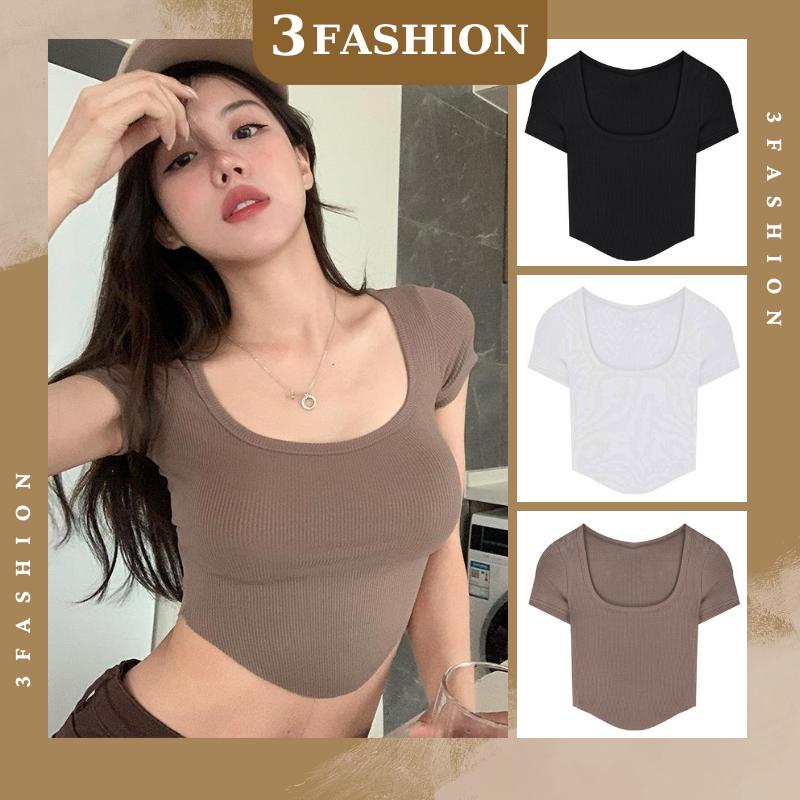 Áo croptop cổ vuông vạt bầu tay ngắn ( có big size ) trơn vải thun gân đẹp mềm mát thiết kế ôm body 3Fashion - A44 Cotton