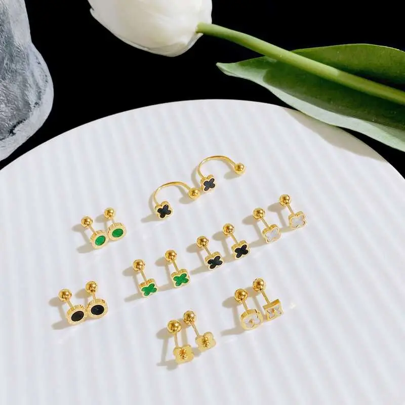 Bông Tai Thép Titan Thiết Kế Cỏ D, Khóa Hạt Đề Can Bốn Lá, Nhiều Màu Sắc, Phong Cách Hàn Quốc Women Hoa Hoa Tai 0