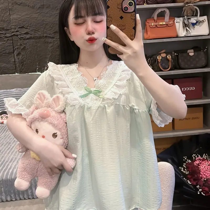 40-58kg Áo dáng babydoll Bộ đũi mềm mịn mát cổ V phối ren xinh 0