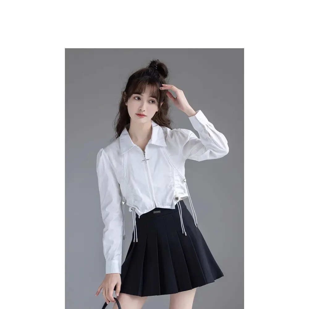 FADFAD 【ready stock】 Kemeja desain wanita ceruk lengan puff panjang asimetris dengan tali