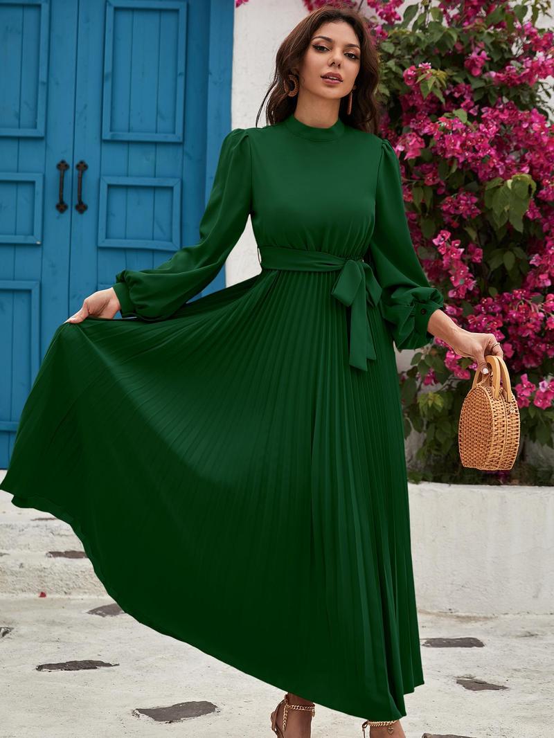 Product Introduction of Women's Solid Belted Pleated Dress, Elegant Bishop Sleeve Keyhole Back A Line Dress for Spring & Fall, Women's Clothing for Wedding Guest, Dresses for Women 9
