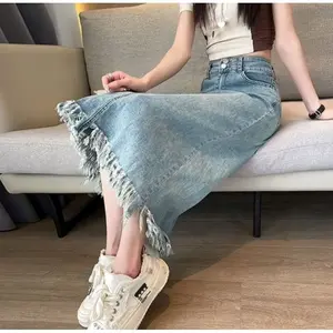 ALYA - Vonzy Rok Jeans Rawis Skirt Korean Style Jeans Rawis A-line Kancing 2 Rok Jeans Wanita Korea Style Rok Jeans Highwaist Rumbai