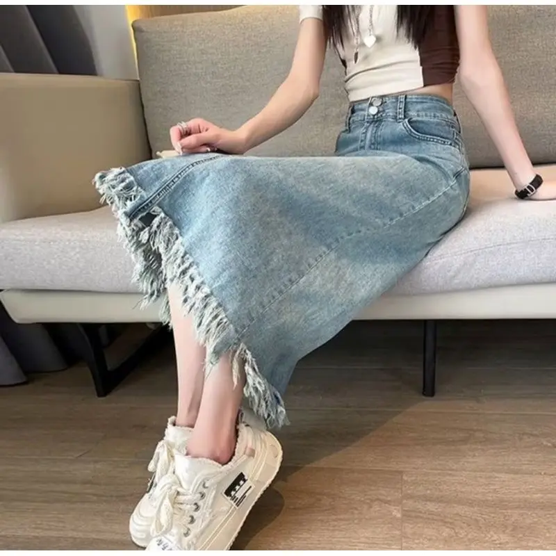 ALYA - Denim Skirt Rok Jeans S05 Vintage Midi Skirt Jeans Rawis A-line Kancing 2 Rok Jeans Wanita Korea Style Rok Jeans Highwaist Rumbai 6