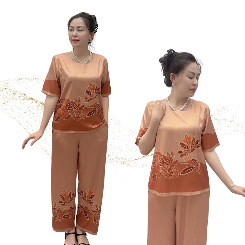 Y36 Đồ bộ trung niên lụa LATIN tay ngắn quần dài họa tiết hoa đồng tiền có size thoải mái,  mặc nhà hay ra phố Nữ Women Thun