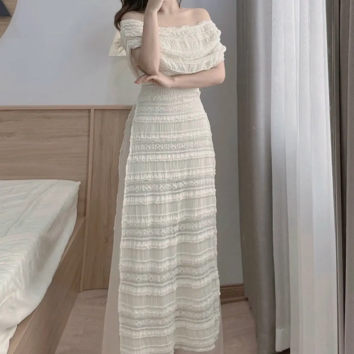 Sét áo dài ren trắng trễ vai - Chất ren mềm cao cấp, co giãn - Sz S, M, L