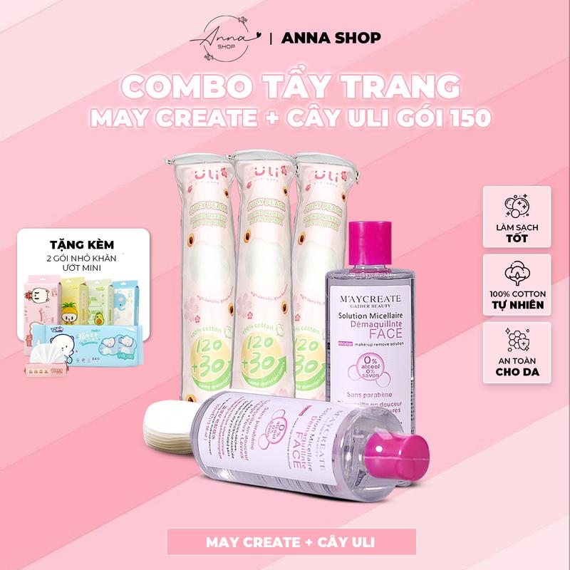 Bộ sản phẩm 01 tẩy trang Maycreate + 01 Bông tẩy trang cây Uli Gói 150 miếng