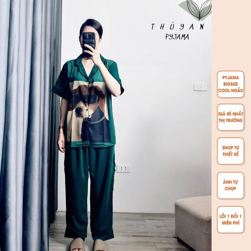 Bộ Pijama Bigsize hình cún màu xanh rêu cộc dài mặc nhà dành cho nữ có size từ 40kg đến 90kg