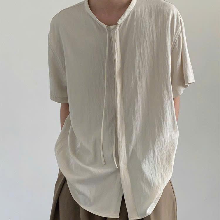 Áo Sơ Mi Ngắn Tay Vải Đũi Phối Dây Cổ Mùa Hè Unisex Menswear, The YVIEN YV01 hàn quốc áo nam