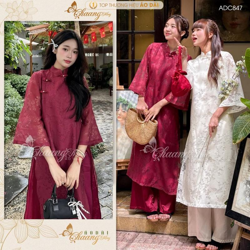  Áo dài cách tân nữ khảm vân Bách Điền dáng suông CHAANG May sẵn ADC847 áo dài 4 tà bầu Như Chúc dự tiệc cưới lễ tết đẹp Women Dress Đỏ Đô 