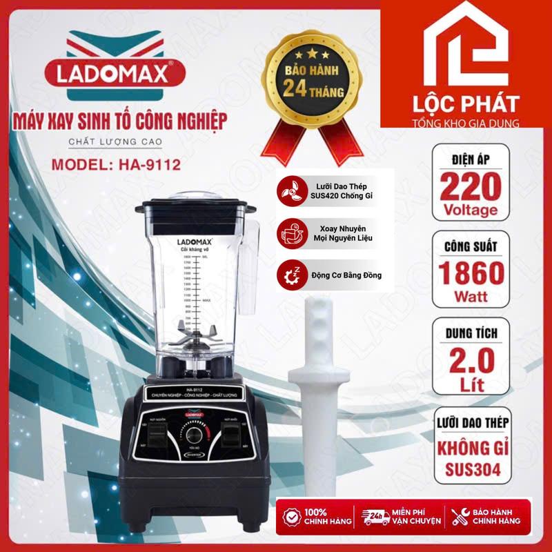 QCMáy xay sinh tố công nghiệp Ladomax ECO-9112 công suất 1860W bảo hành 24 tháng