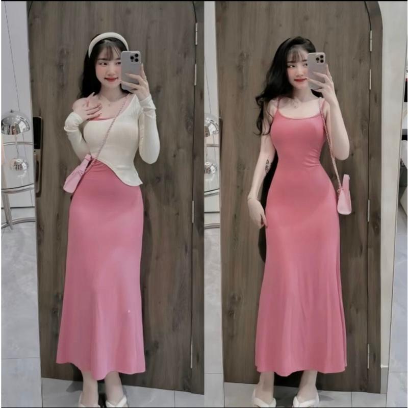 Đầm nữ body dáng dài 2 dây thun tăm lạnh kèm áo khoác lệch vai thun ren cho nàng diện đi chơi, đi du lịch xinh xắn. Màu Hồng Women Kem vaytet Dress