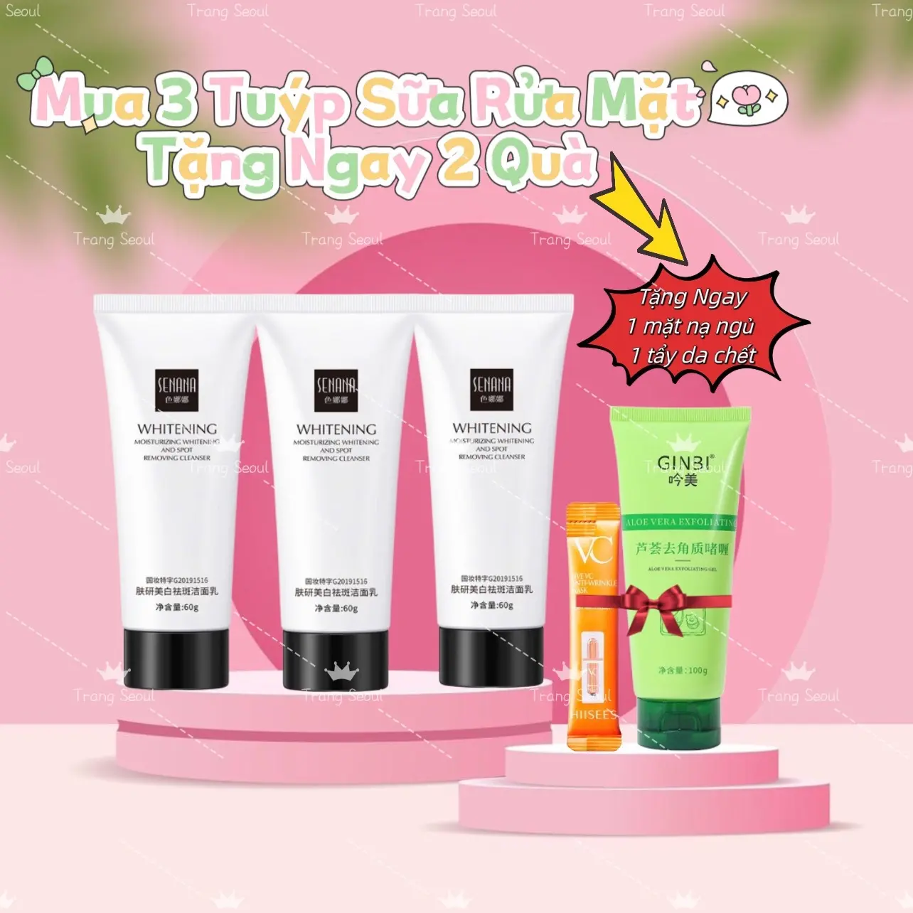 [ Mẫu White ] Bộ 3 Chai Sữa Rửa Mặt Senana Whitening Giúp Da Sạch Sâu, Giảm Dầu Nhờn Tặng Ngay 1 Tuýp Tẩy Da Chết Và 1 Mặt Nạ Ngủ Dưỡng Ẩm Da