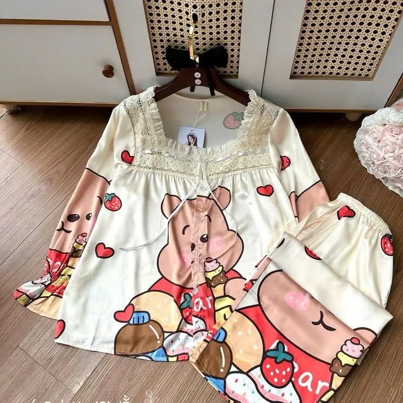 [40-60KG]Bộ Lụa Latin Tơ Tằm Cao Cấp TDQD Cổ Vuông Tiểu Thư Mix Ren In Full Họa Tiết 5D Queen Mềm Mát Mặc Nhà Cao Cấp VIP36 Women Nữ Áo Quần Ngủ  Top Cạp Cao Kem 0