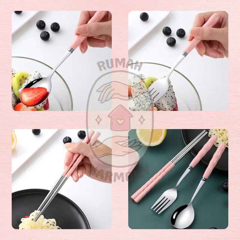 1 Kotak Sendok Garpu Sumpit Set Stainess Steel / Alat Makan Portable Hadiah 3 Pcs Set Sendok Alat Makan Stainless -Kitchenware 4