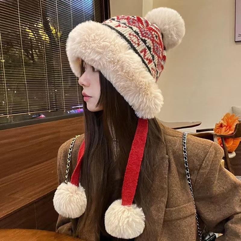 Mũ len lông thổ cẩm cao cấp, mềm mịn, ấm áp, dày dặn lót bông trùm tai kèm 2 dây quả dễ thương, mũ len nữ  mùa đông