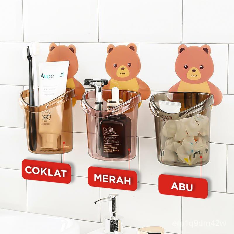 Ly đựng bàn chải kem đánh răng dán tường hình gấu dễ thương/ Cốc gấu dán tường đựng bàn chải tiện lợi 3