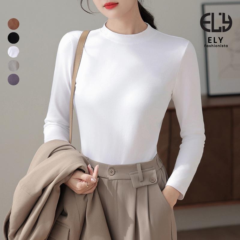 Áo thun nữ cổ 3 phân dài tay giữ nhiệt lót lông dáng trơn thu đông áo phông chất tăm dẻo lót nỉ cao cấp mềm co giãn không nhão vải ELY281