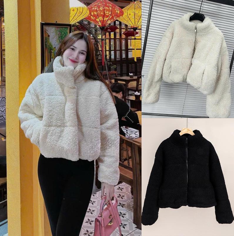 Áo Lông Khóa Cổ Trụ Kẻ Chỉ Dài Tay Áo Khoác Nữ Túi Trước Siêu Ấm Áp Thu Đông Top Women Chất Liệu Lông Size S M L