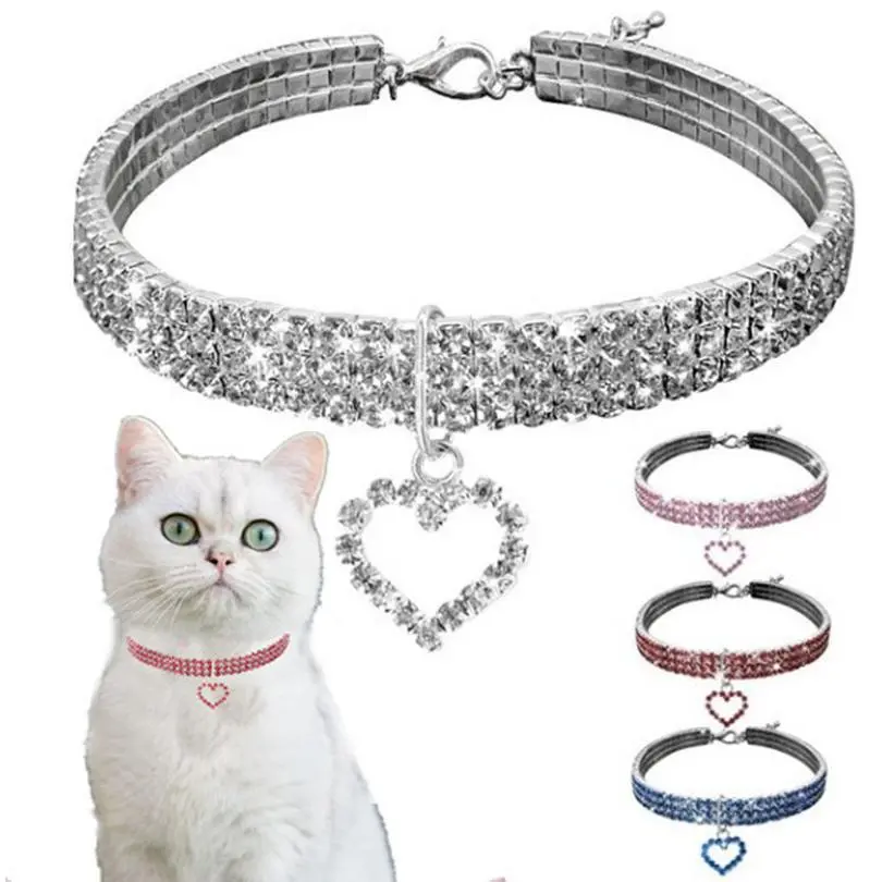 New Cat Dog Collar Three Row Elastic Rhinestone Pet Collars Love Decoration Necklace Puppy Kitten Ornament Pets Supplies