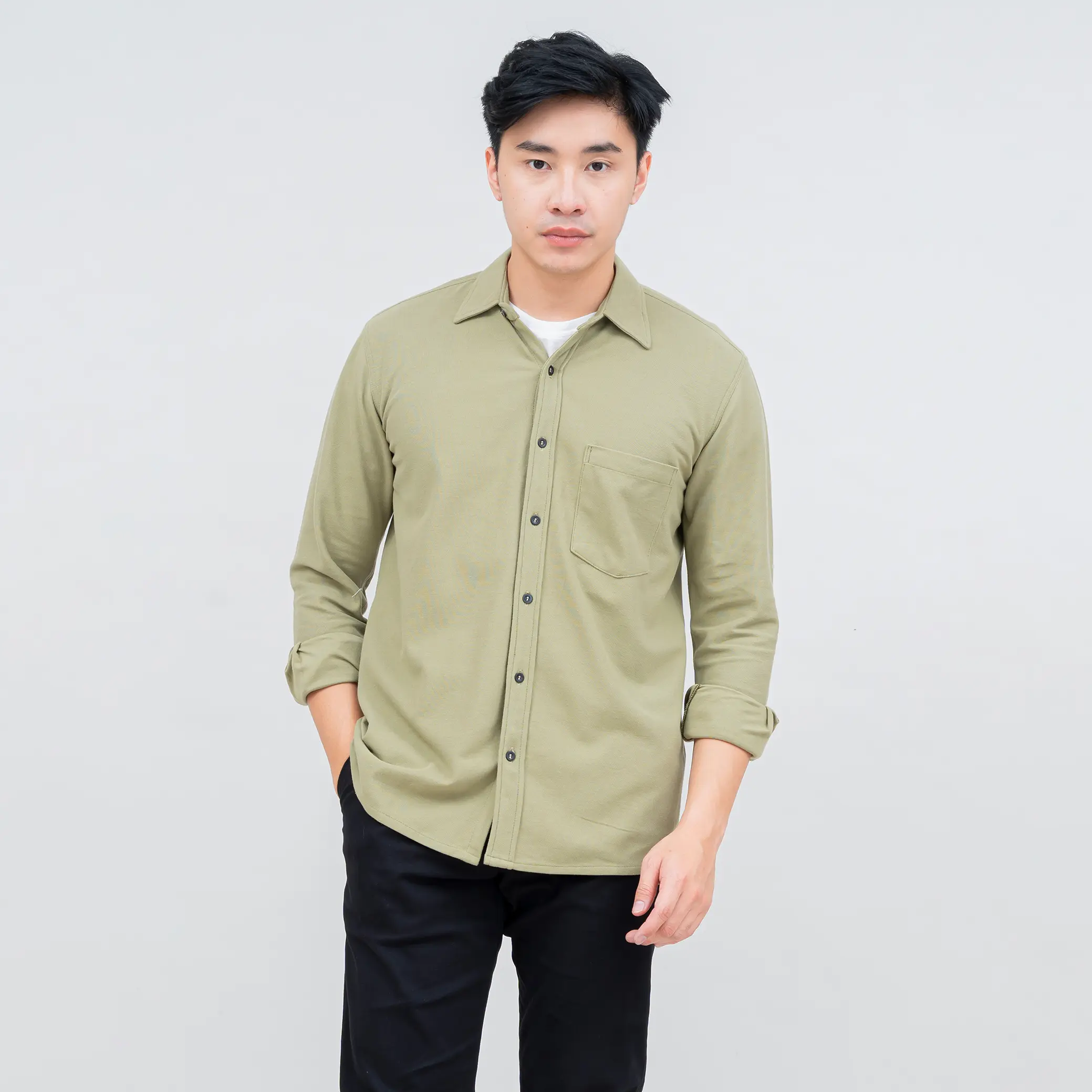 Kemeja Katun Polos Panjang  Pria DYD Olive Pique Reguler Fit Otaco Casual Kerah Distro