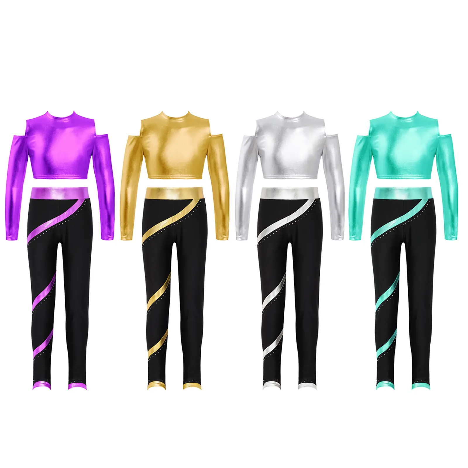 inhzoy Trang phục khiêu vũ sáng bóng cho cô gái Hồi giáo Bộ 2 món Áo thể dục Áo crop top với quần legging thể thao Bộ đồ năng động tập luyện