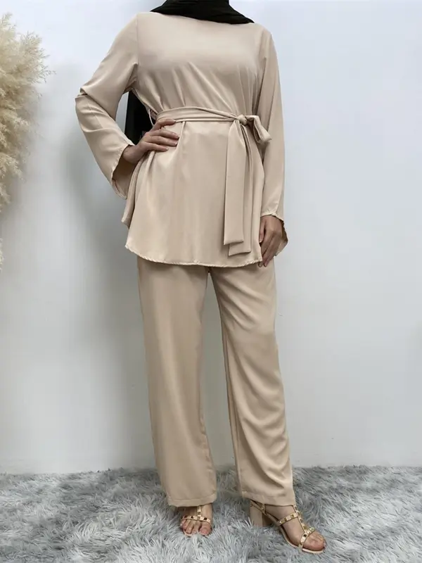 Two-Piece Set Women's Solid Zip Up Belted Top & Wide Leg Pants Two-piece Set, Modest Long Sleeve Round Neck Top & Trousers for Daily Wear, Ladies Fall Clothes 6