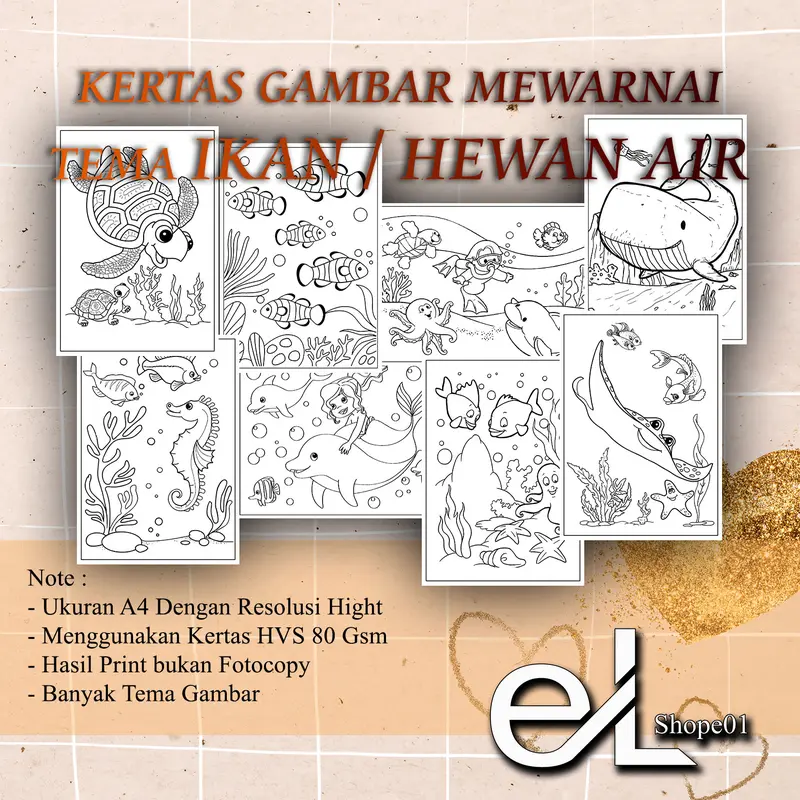 Kertas Gambar Mewarnai IKAN / HEWAN AIR 0