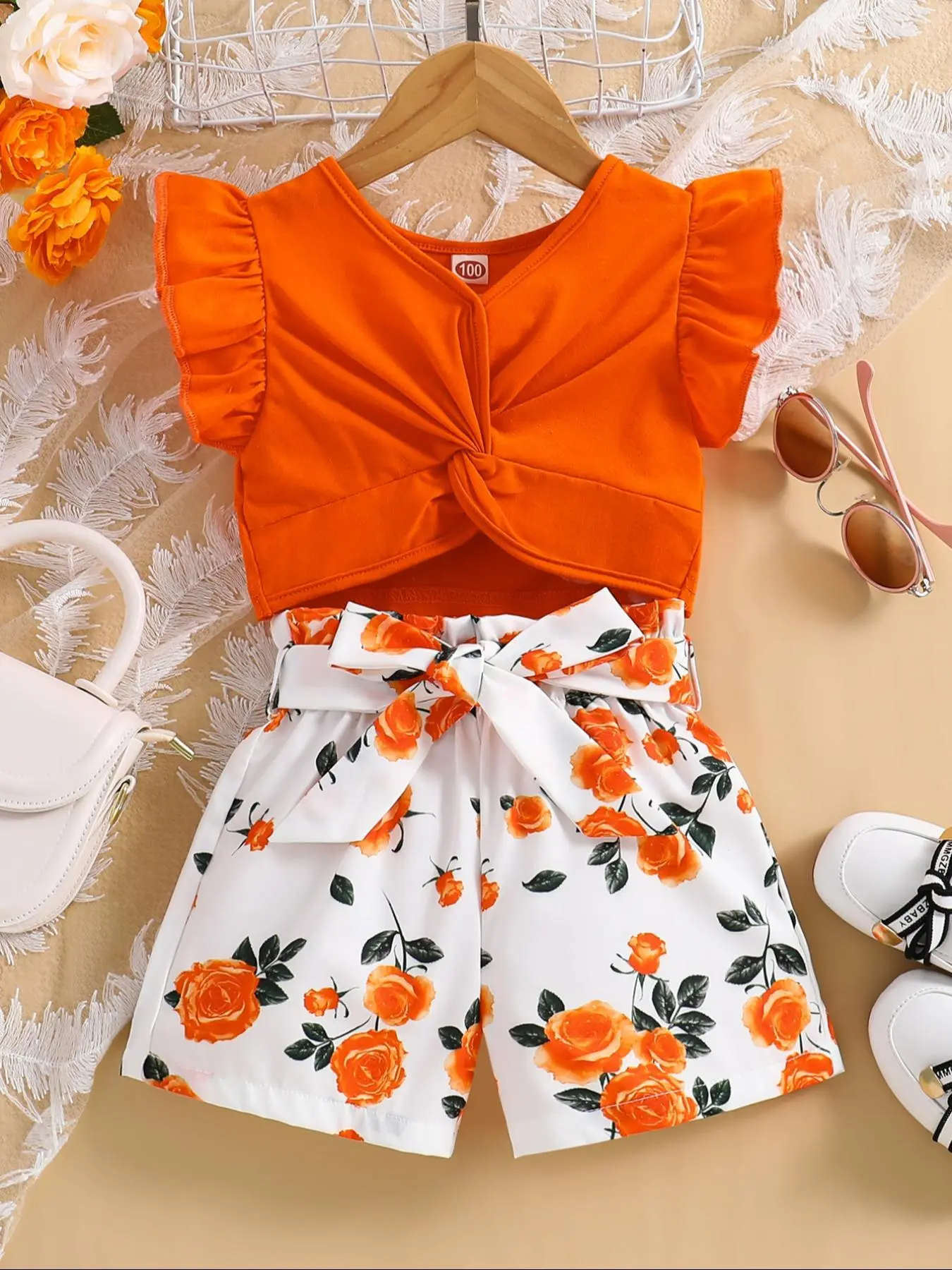 Girl's Solid Color Crop Tank Top & Floral Print Belted Shorts Two-piece Set, Casual Cap Sleeve Top & Shorts for Summer, Kids Clothes for Daily Wear