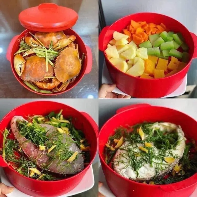 Xửng Hấp Tupperware Steam It 2 Tầng Màu Đỏ Thiết Kế Khít Chặt Khép Kín Tăng Áp Suất Hấp Chín Nhanh Dễ Dàng, lẻ 1 tầng xửng, lẻ nắp xửng 5