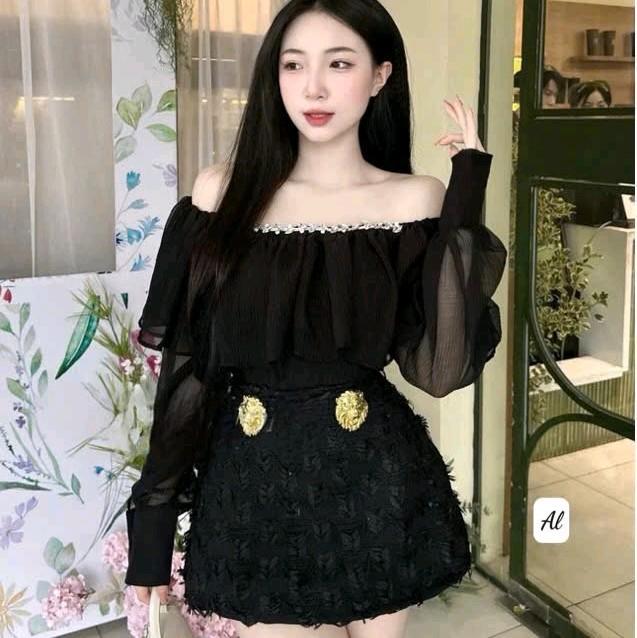 Sét bộ váy len ren lông đính phụ kiện Nữ thiết kế áo voan tơ gãy đính đá trễ vai dài tay phong cách cá tính thời trang mặc đi dự tiệc xinh xắn sang trọng Dress Women