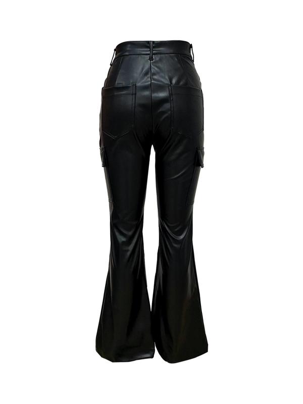 Women's Solid Pocket Zipper Flare Leg Pu Leather Pants, Fashion Casual Button Trousers for Daily Outdoor Wear, Women's Bottoms for Fall & Winter 1
