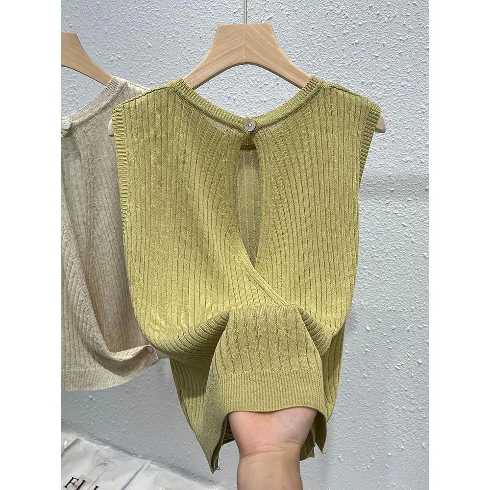 Áo Vest Dệt Kim, Chất Liệu Lụa Lạnh Dành Cho Nữ, Mỏng Và Thoáng Khí, Thiết Kế Đẹp, Độc Đáo Và Sang Trọng, Thiết Kế Rỗng Chéo, Không Tay, Áo Vest Mùa Hè
