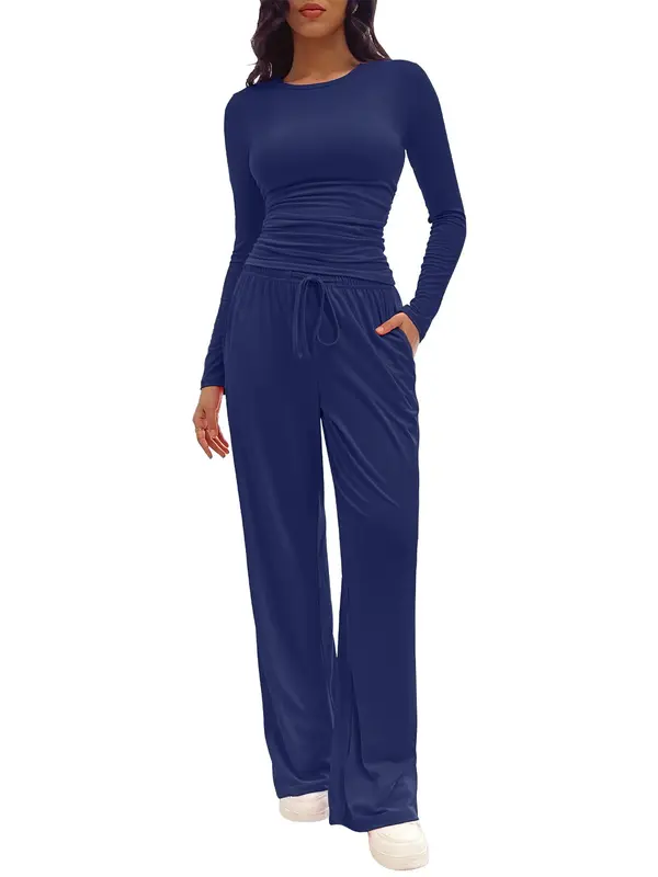 Two-piece Set Women's Solid Ruched Tee & Drawstring Pocket Pants Lounge Set, Casual Long Sleeve T-shirt & Elastic Waist Trousers, Pyjamas for Women, Ladies Sleepwear for All Seasons,  Lounge Tracksuit Women 4