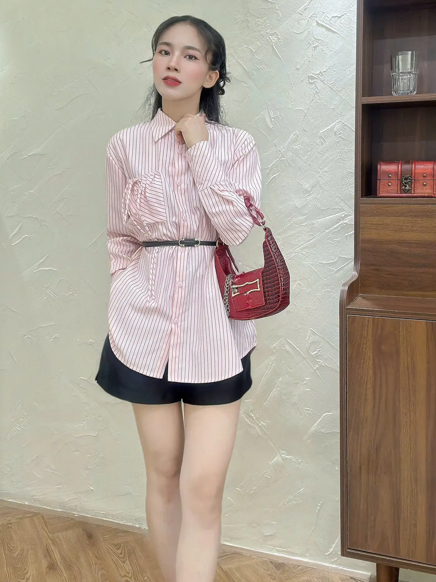 [ XẢ KHO ] HOABONG áo sơ mi dài tay kẻ Túi rút dây Lưng áo gài cúc