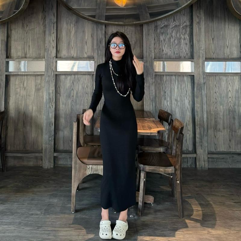 Váy body cổ 3p Nỉ len lông cao cấp dáng dài 130cm không xẻ Women