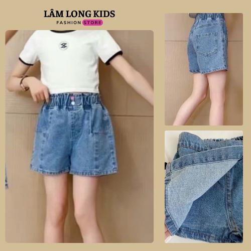 Quần Sooc jean cho bé, quần ngố đùi đính 2 Khuy Sắc Màu Cho Bé Gái 15-42 kg LamLongKids QS2