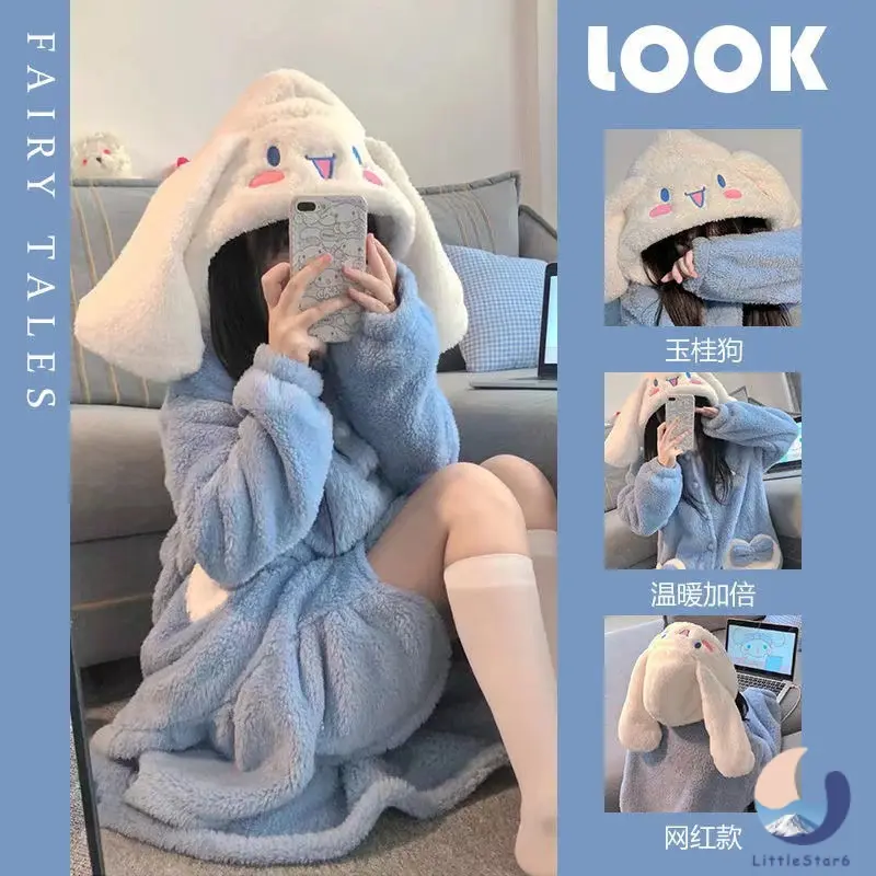 Piyama Beruang Musim Sejuk, Rekaan Comel, Untuk Wanita, Bahan Flanel Tebal, Panjang, Sesuai untuk Mandi, Gaya Selebriti Internet, Reka Bentuk LittleStar6, Ketibaan Baru