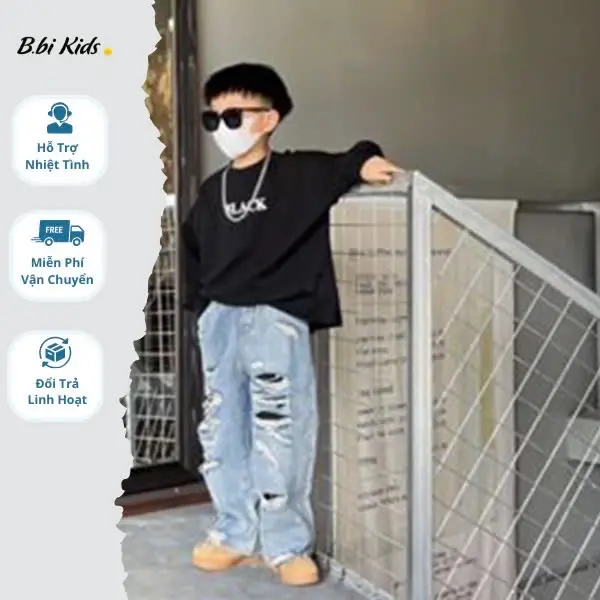 Quần Jean Rách Cá Tính Dáng Suông Chất Jean Mềm Cho Bé Trai QJR2301