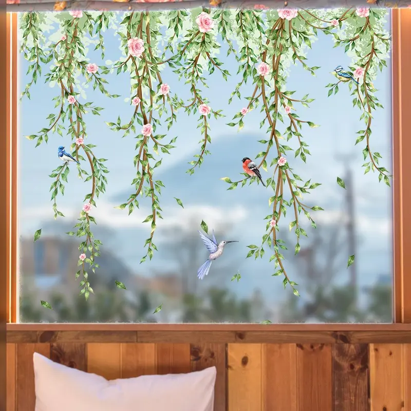 Flower & Bird Pattern Window Sticker, 2 Counts/set Colorful Exquisite Creative Double Sided Window Sticker, Decorative Sticker for Home Window Office School 6