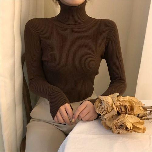 Áo Len Dài Tay, Phong Cách Hàn Quốc, Cổ Lọ Mỏng, Màu Trơn Co Giãn, Ôm Sát, Áo Mặc Trong 4