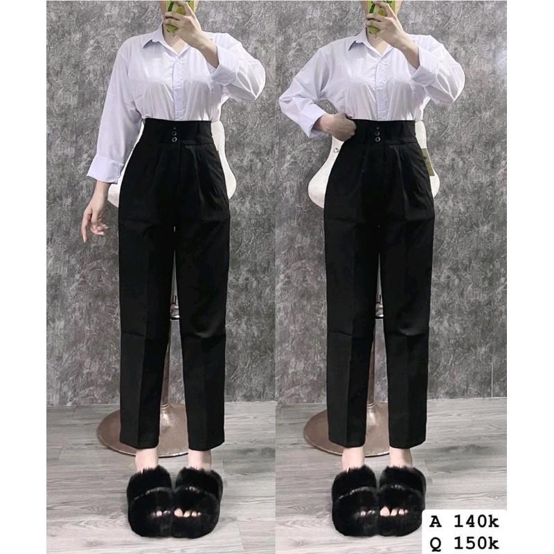 Quần baggy nữ 3 cúc đi học công sở lưng cao ống đứng Quần tây nữ cạp cao màu đen vải tuyết mưa xuất Hàn tôn dáng Women Pants Ong