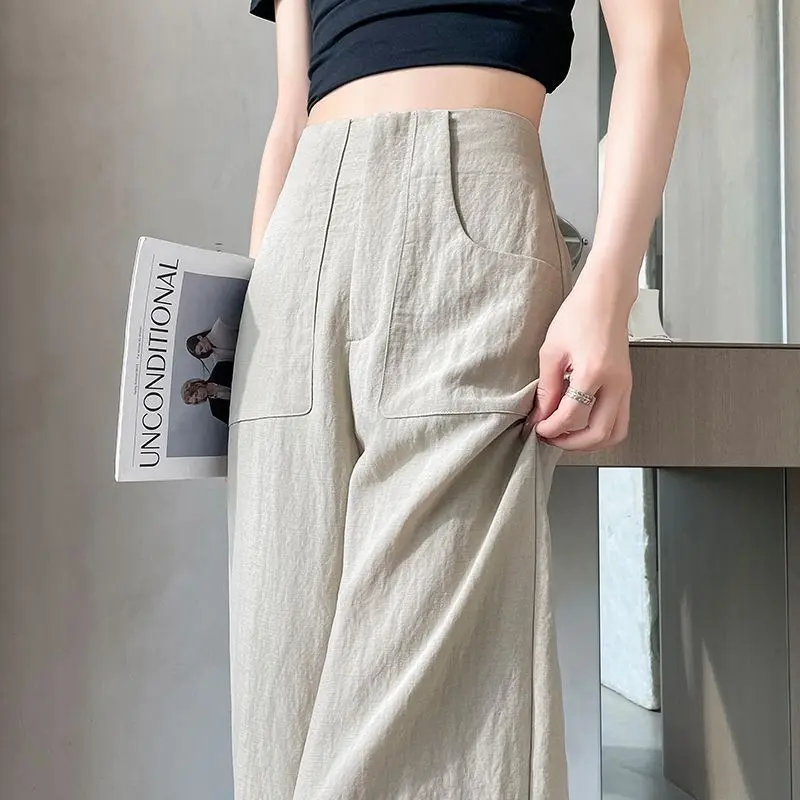 Bộ Đồ Giống Vải Lanh Lụa Lạnh Quần Ống Rộng, Dành Cho Nữ, Mùa Hè 2024, Mỏng, Cạp Cao, thụng, Bó Sát, Làm Bằng Vải Lanh Bông, Quần quét đất Nhà Thẳng Ong Women
