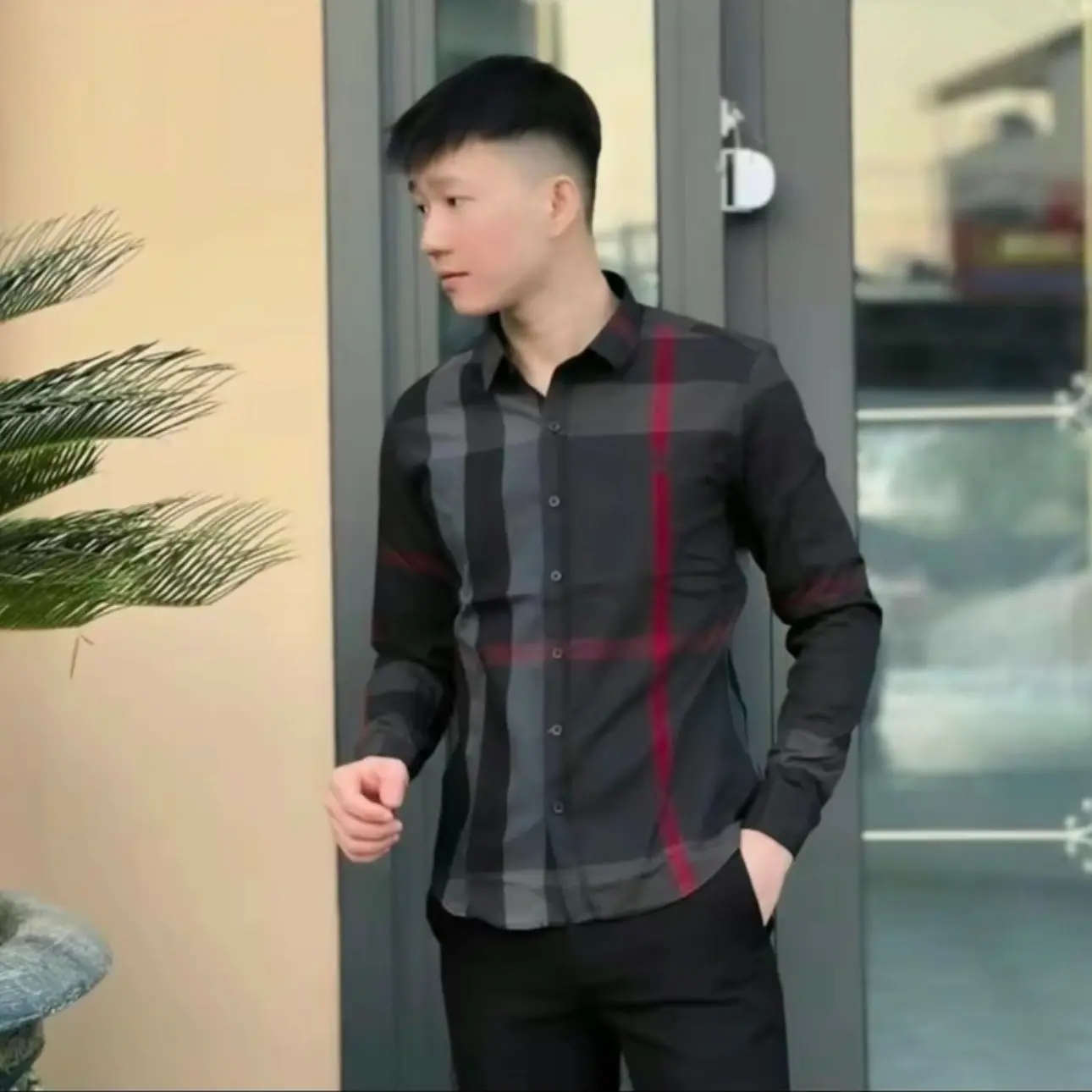 Áo sơ mi nam dài tay phối sọc caro chất cotton hàng trend mới nhất-QUÂN MENSWAER Có Cổ Menswear Shirt