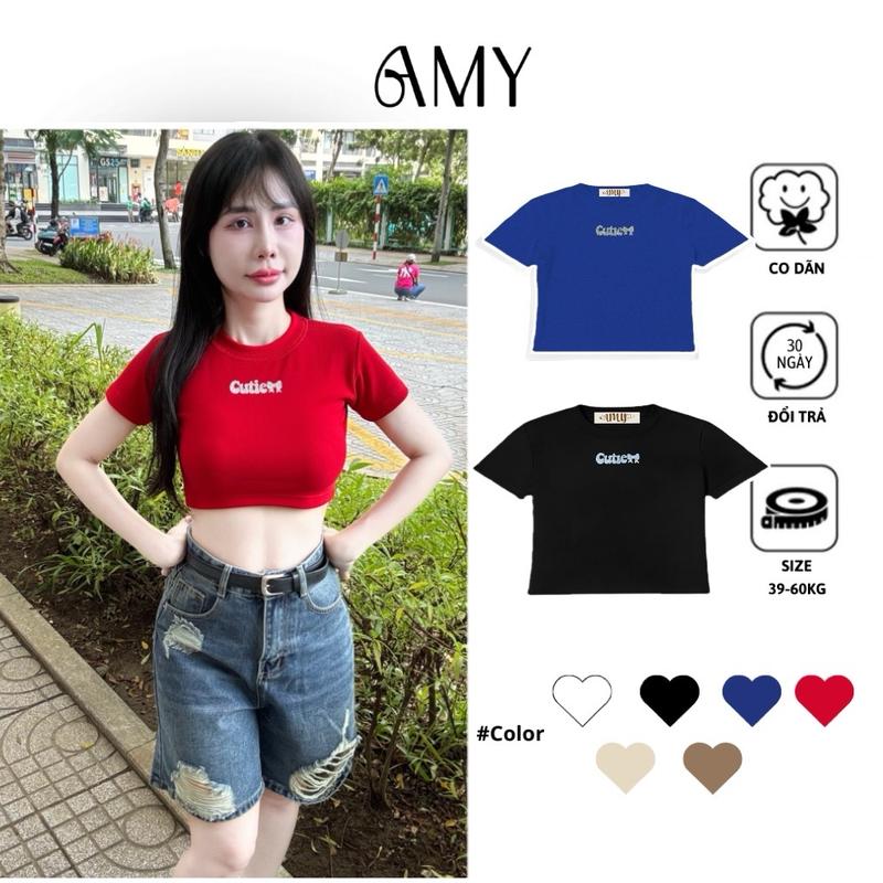 Áo croptop nữ chữ CUTIE in kim tuyến form ôm body cổ tròn siêu tôn dáng đủ màu basic chất liệu thun tăm Hàn - Amy - Cotton - Women, Kem, Voi baby đen fom 80kg đính bông 1