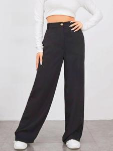 Women's Solid Button High Waist Wide Leg Pants, Elegant Fashion Casual Pocket Trousers for Work Office Business, Ladies Bottoms for All Seasons