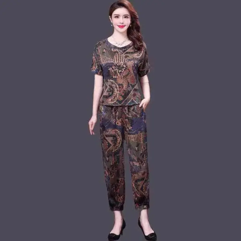 Bộ Đồ Quần Harem Nữ, Hàng Mới Về Mùa Hè, Sợi Xiangyun Giả, Chất Liệu Lụa Nặng Giả, Bộ Đồ Hai Mảnh Cho Mẹ TRUNG NIÊN 3