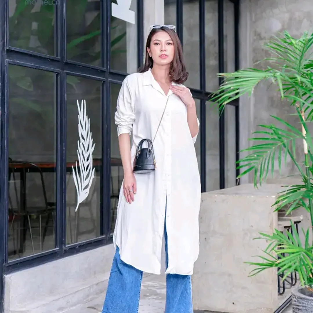 Momelca Irma Long Slevees Katun Santai Polos Putih Rayon Twill